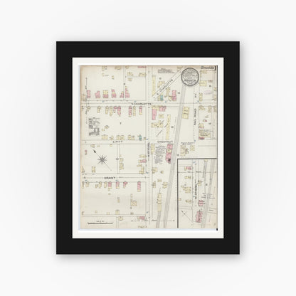 Old map wall art mockup — black gallery frame with white mat — Sanborn Fire Insurance Map from Manheim, Lancaster County, Pennsylvania (1886), Sheet #0001