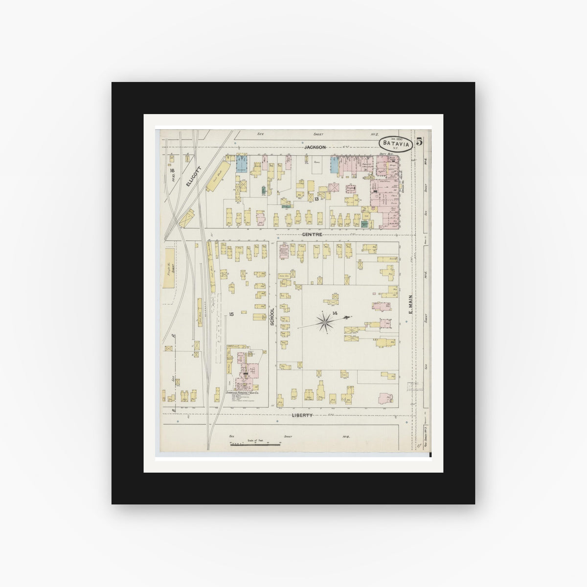 Old map wall art mockup — black gallery frame with white mat — Sanborn Fire Insurance Map from Batavia, Genesee County, New York (1890), Sheet #0005