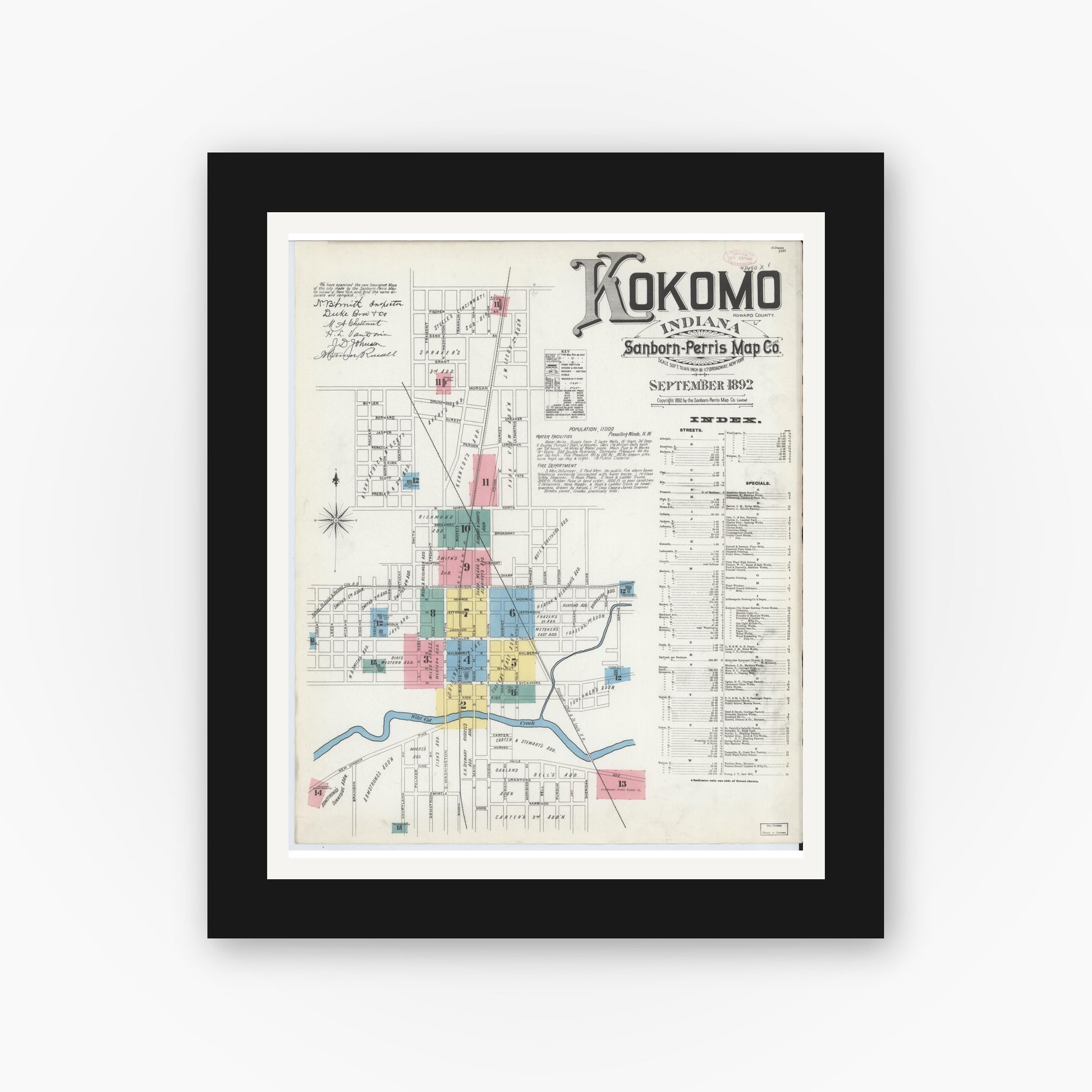 Old map wall art mockup — black gallery frame with white mat — Sanborn Fire Insurance Map from Kokomo, Howard County, Indiana (1892) - Complete Map Set