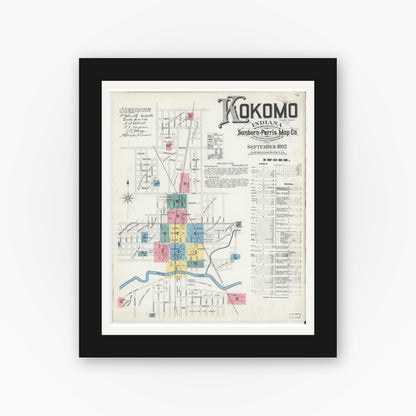 Old map wall art mockup — black gallery frame with white mat — Sanborn Fire Insurance Map from Kokomo, Howard County, Indiana (1892) - Complete Map Set