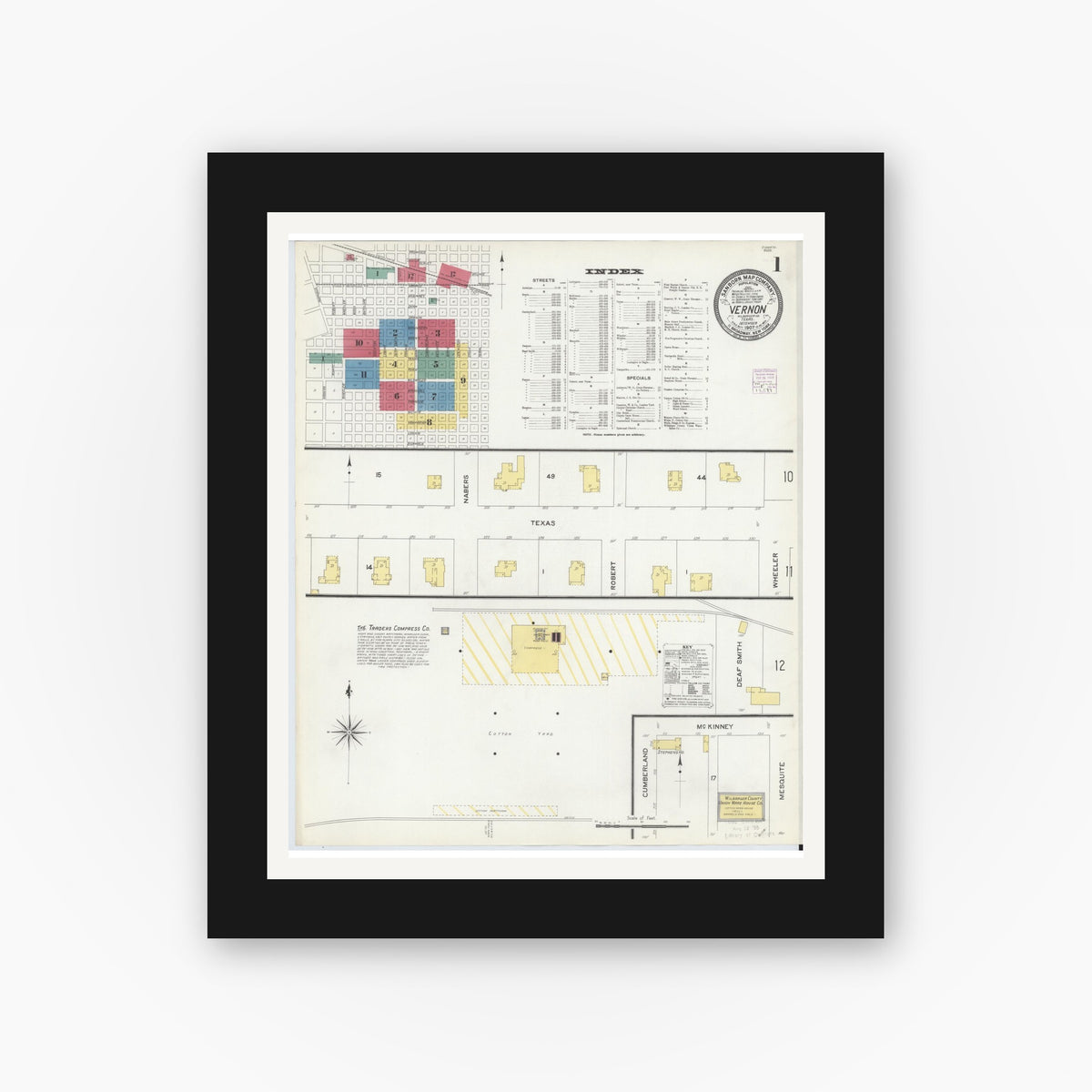 Old map wall art mockup — black gallery frame with white mat — Sanborn Fire Insurance Map from Vernon, Wilbarger County, Texas (1907), Sheet #0001
