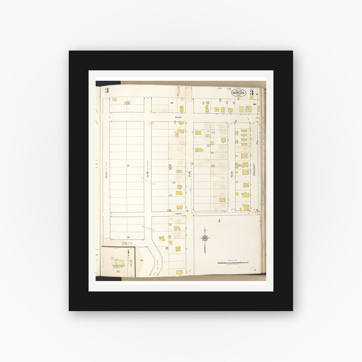 Old map wall art mockup — black gallery frame with white mat — Sanborn Fire Insurance Map from Maricopa, Kern County, California (1942), Sheet #0003