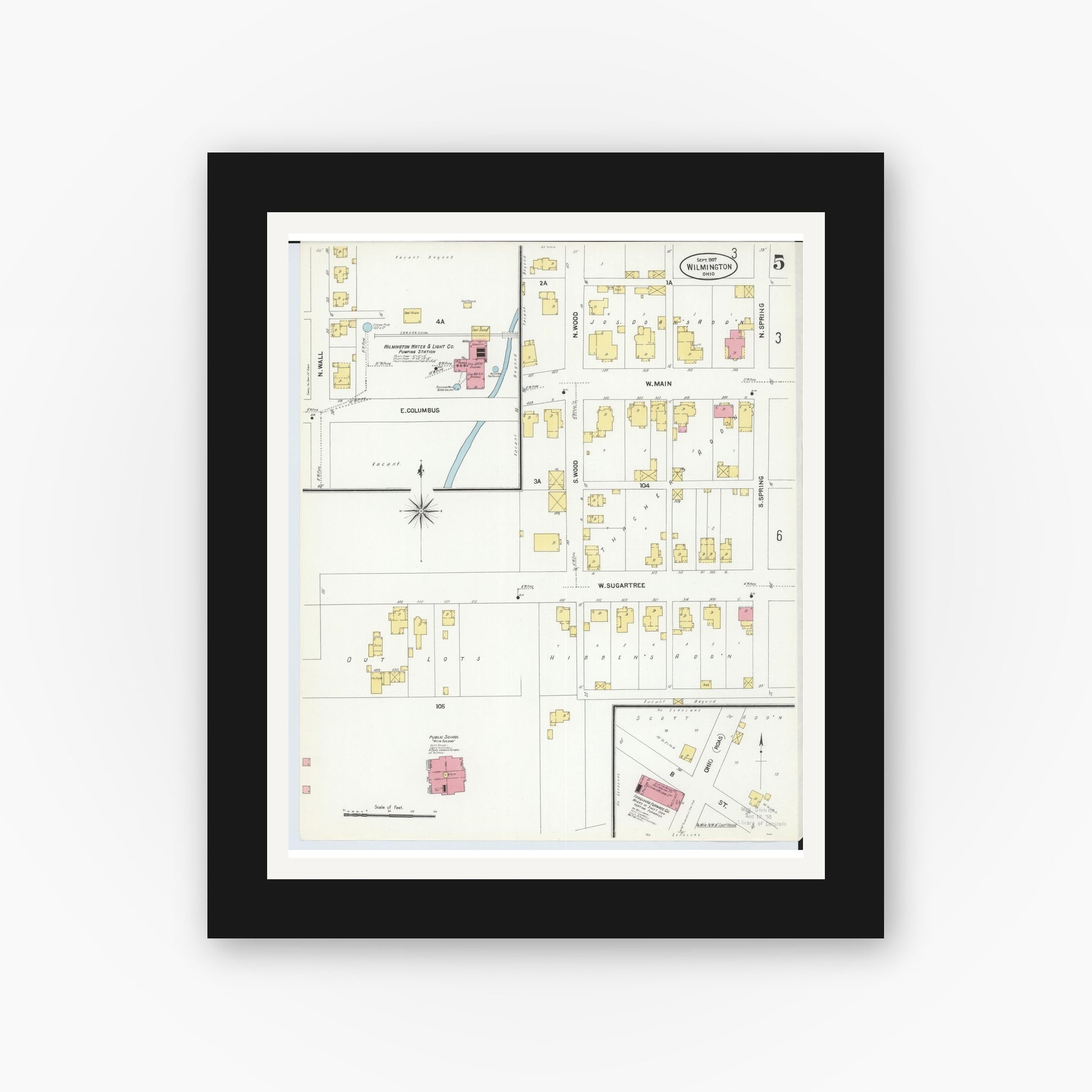 Old map wall art mockup — black gallery frame with white mat — Sanborn Fire Insurance Map from Wilmington, Clinton County, Ohio (1907), Sheet #0005