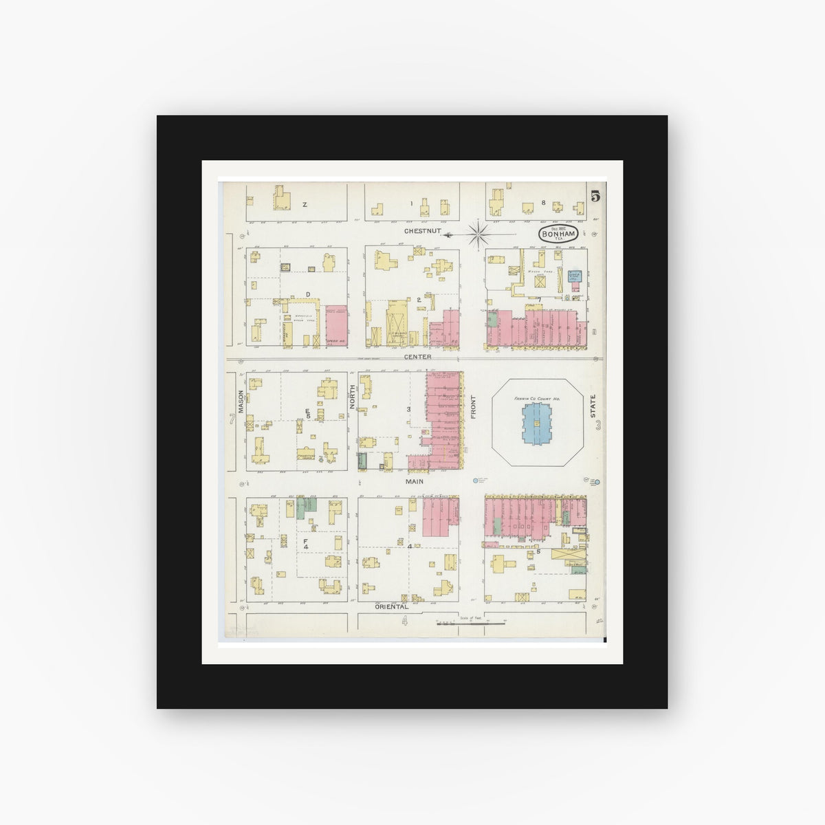 Old map wall art mockup — black gallery frame with white mat — Sanborn Fire Insurance Map from Bonham, Fannin County, Texas (1892), Sheet #0005