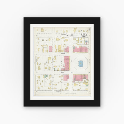 Old map wall art mockup — black gallery frame with white mat — Sanborn Fire Insurance Map from Bonham, Fannin County, Texas (1892), Sheet #0005