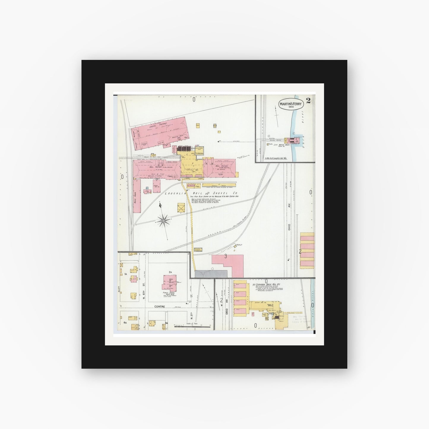 Old map wall art mockup — black gallery frame with white mat — Sanborn Fire Insurance Map from Martins Ferry, Belmont County, Ohio (1900), Sheet #0002