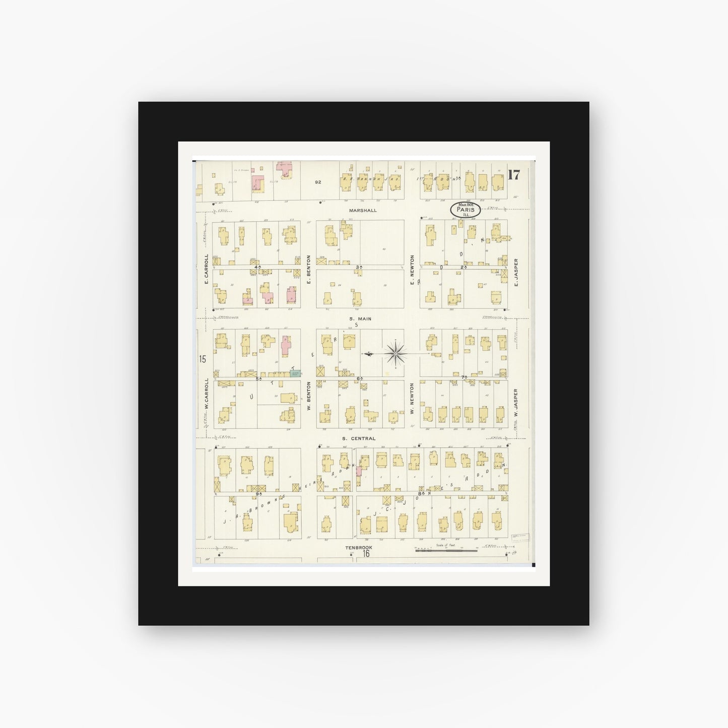 Old map wall art mockup — black gallery frame with white mat — Sanborn Fire Insurance Map from Paris, Edgar County, Illinois (1908), Sheet #0017