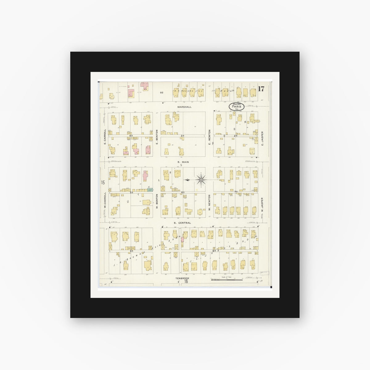 Old map wall art mockup — black gallery frame with white mat — Sanborn Fire Insurance Map from Paris, Edgar County, Illinois (1908), Sheet #0017