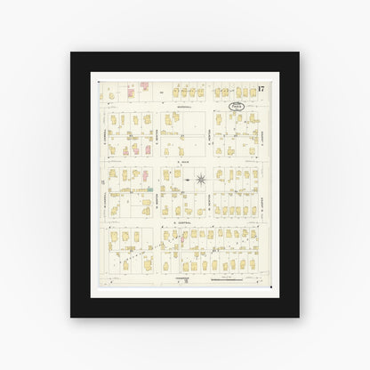Old map wall art mockup — black gallery frame with white mat — Sanborn Fire Insurance Map from Paris, Edgar County, Illinois (1908), Sheet #0017