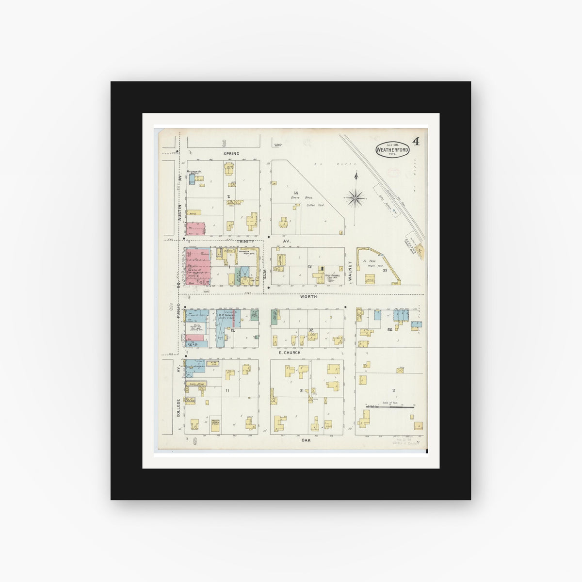 Old map wall art mockup — black gallery frame with white mat — Sanborn Fire Insurance Map from Weatherford, Parker County, Texas (1894), Sheet #0004