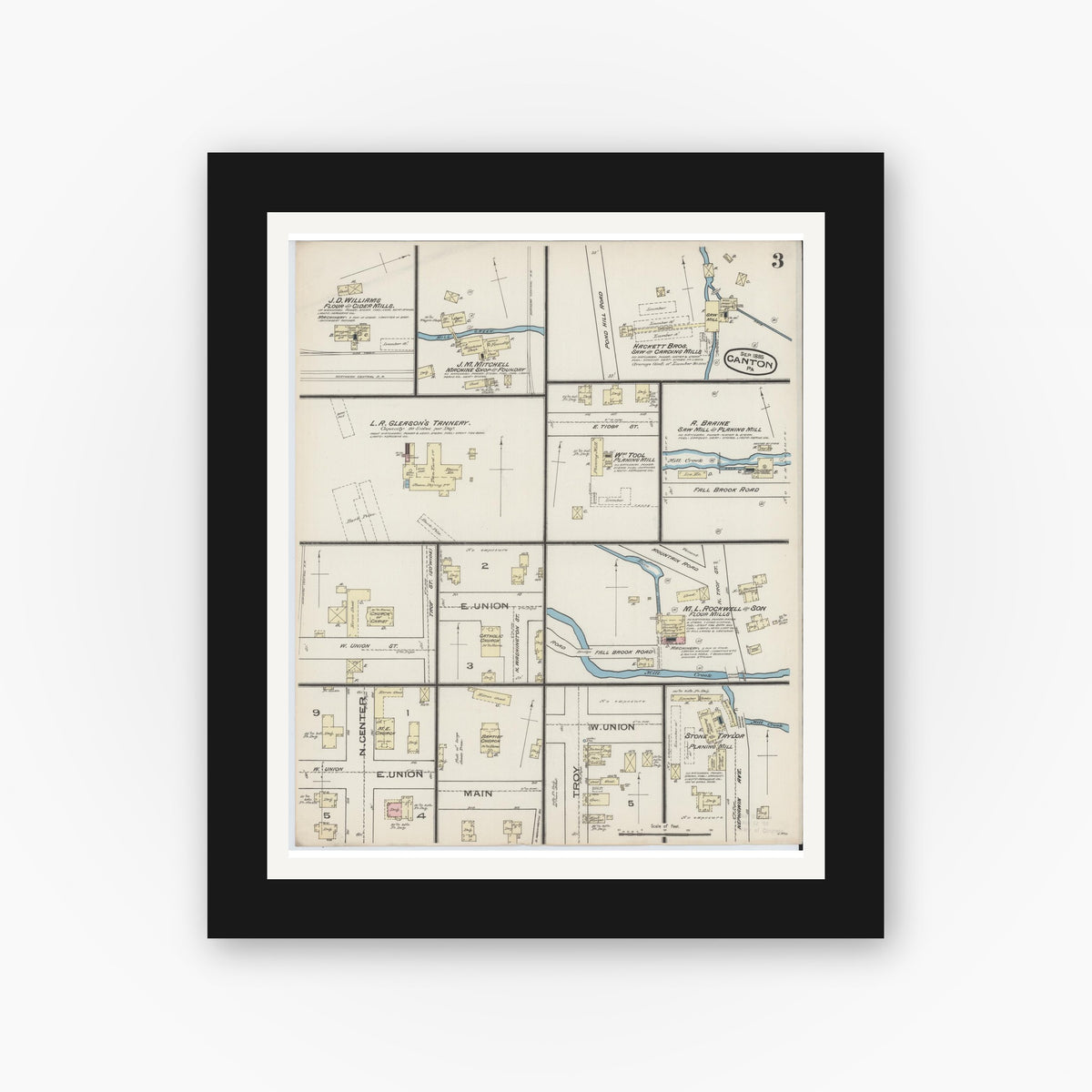 Old map wall art mockup — black gallery frame with white mat — Sanborn Fire Insurance Map from Canton, Bradford County, Pennsylvania (1885), Sheet #0003
