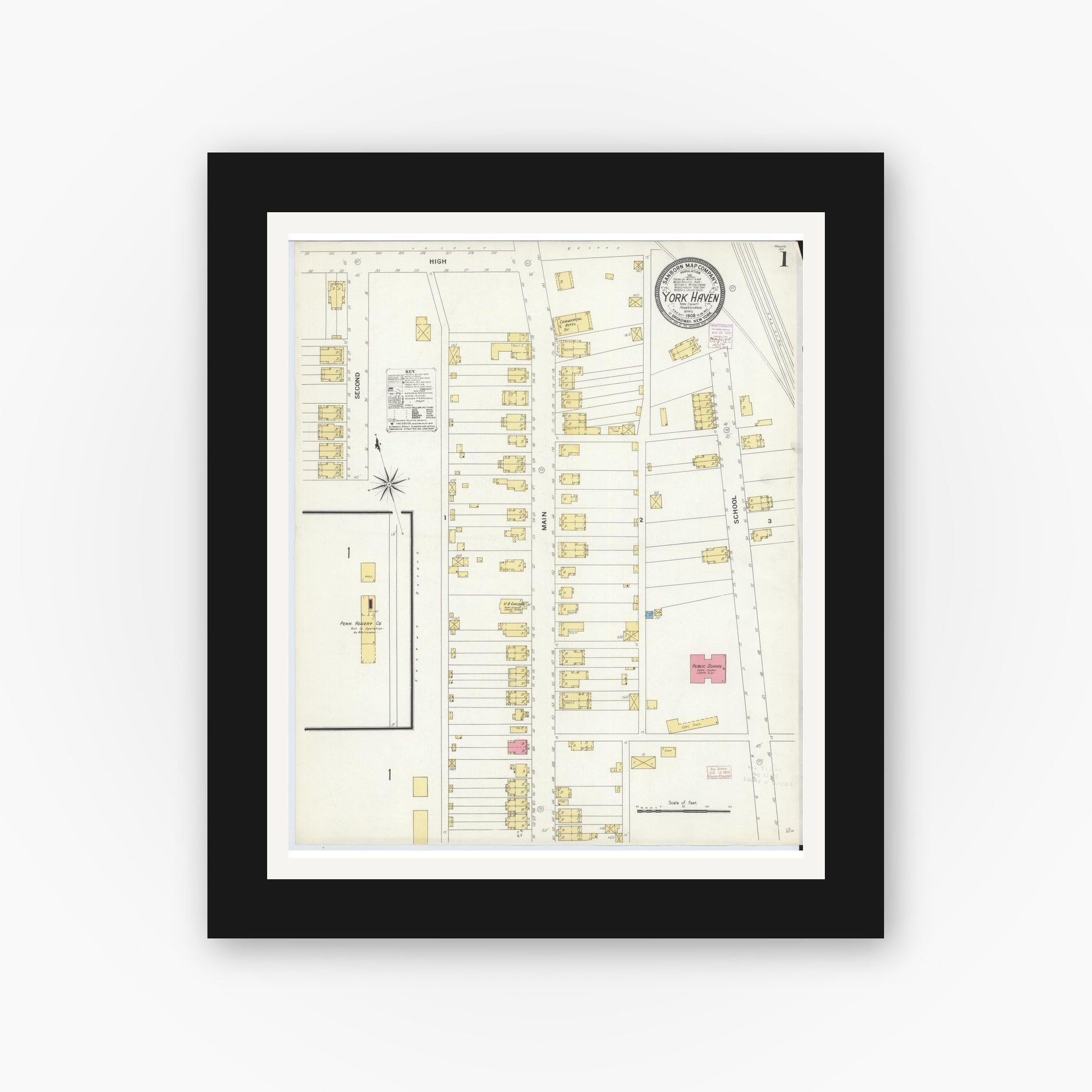Old map wall art mockup — black gallery frame with white mat — Sanborn Fire Insurance Map from York Haven, York County, Pennsylvania (1908), Sheet #0001