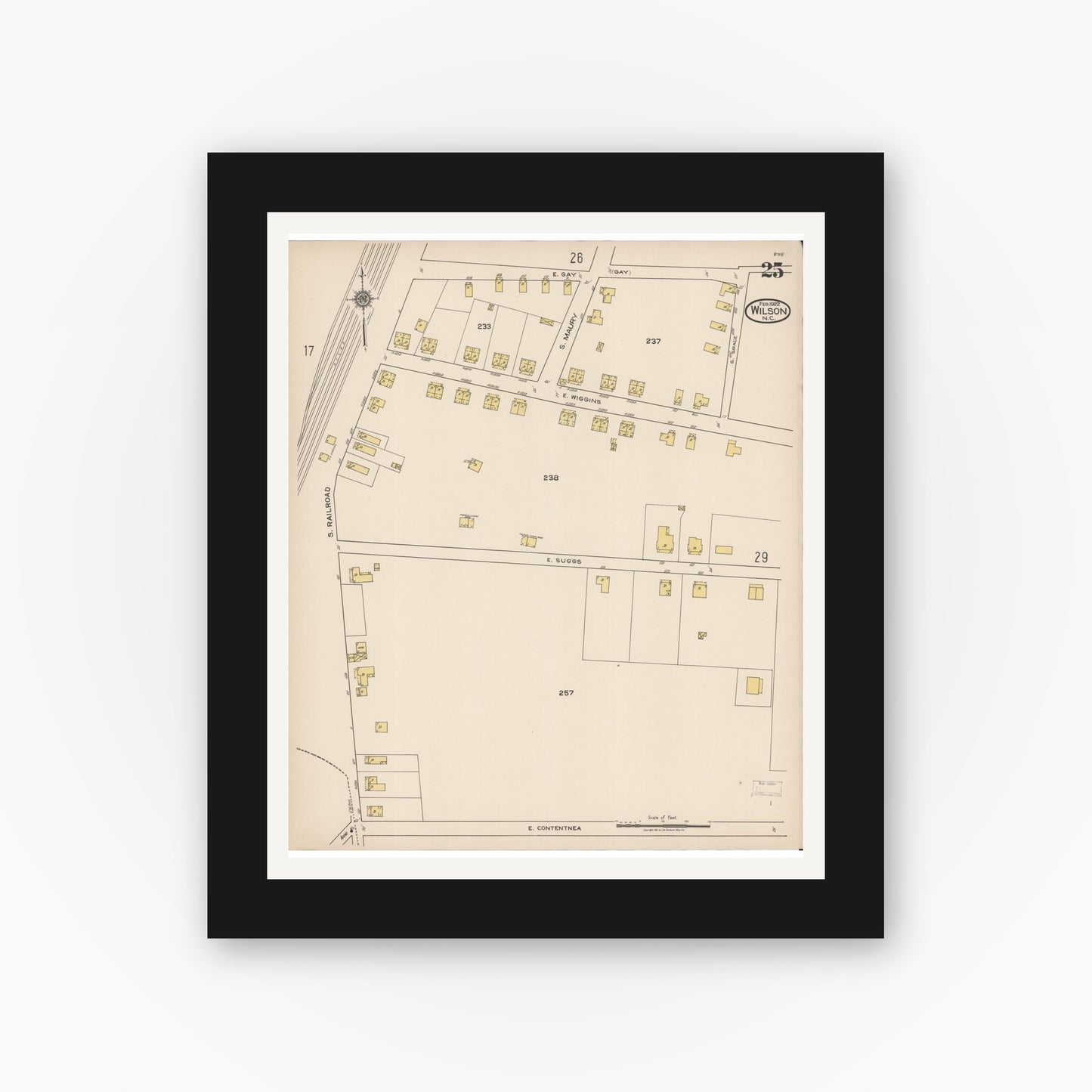 Old map wall art mockup — black gallery frame with white mat — Sanborn Fire Insurance Map from Wilson, Wilson County, North Carolina (1922), Sheet #0025