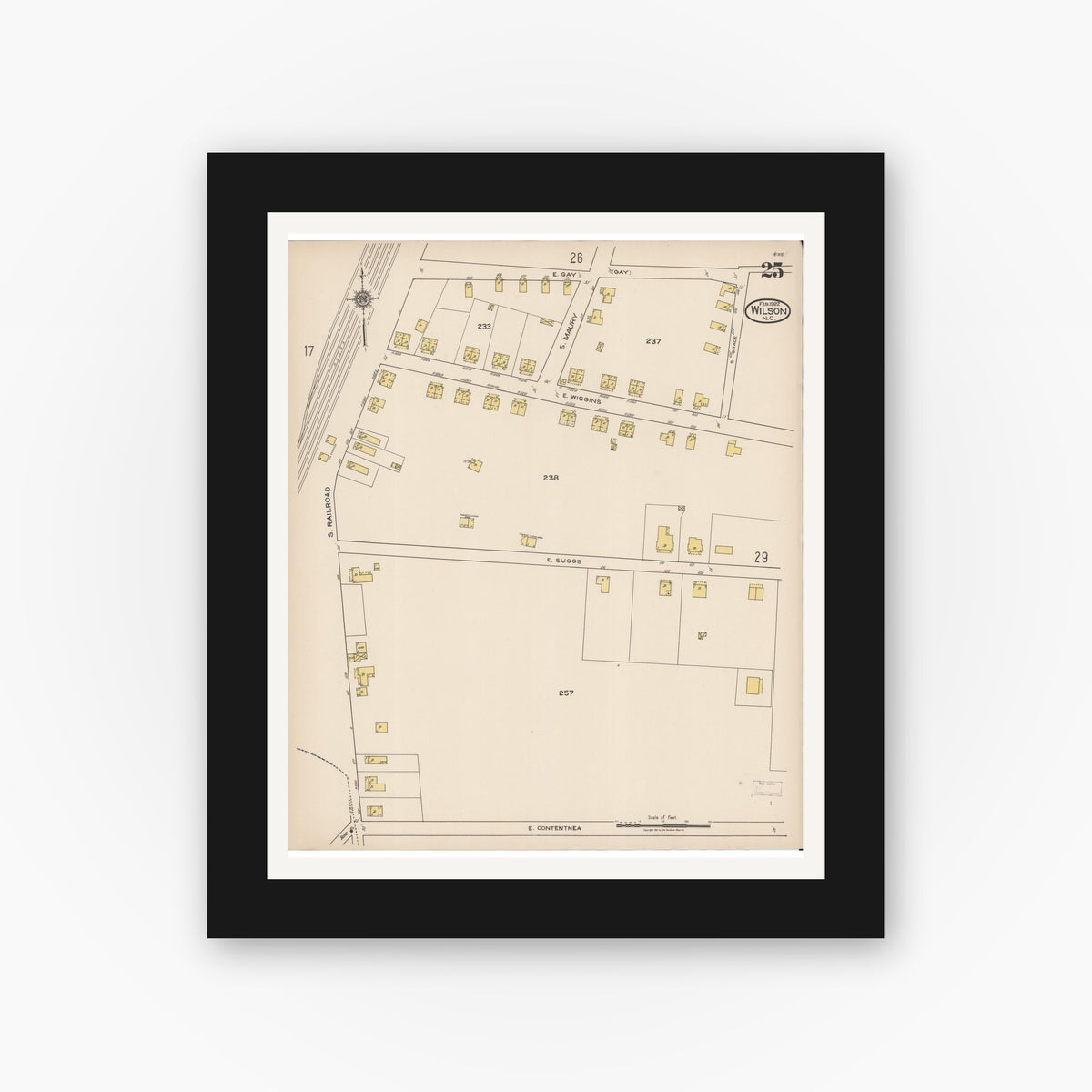 Old map wall art mockup — black gallery frame with white mat — Sanborn Fire Insurance Map from Wilson, Wilson County, North Carolina (1922), Sheet #0025