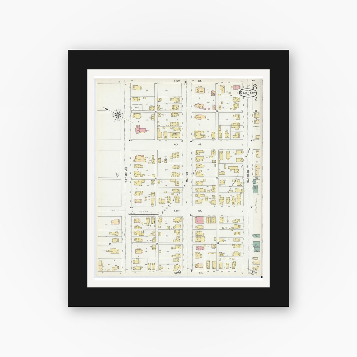 Old map wall art mockup — black gallery frame with white mat — Sanborn Fire Insurance Map from Elkhart, Elkhart County, Indiana (1896), Sheet #0008