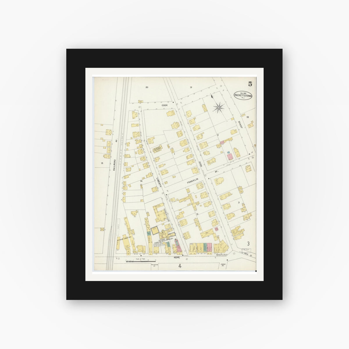 Old map wall art mockup — black gallery frame with white mat — Sanborn Fire Insurance Map from Hackettstown, Warren County, New Jersey (1902), Sheet #0005
