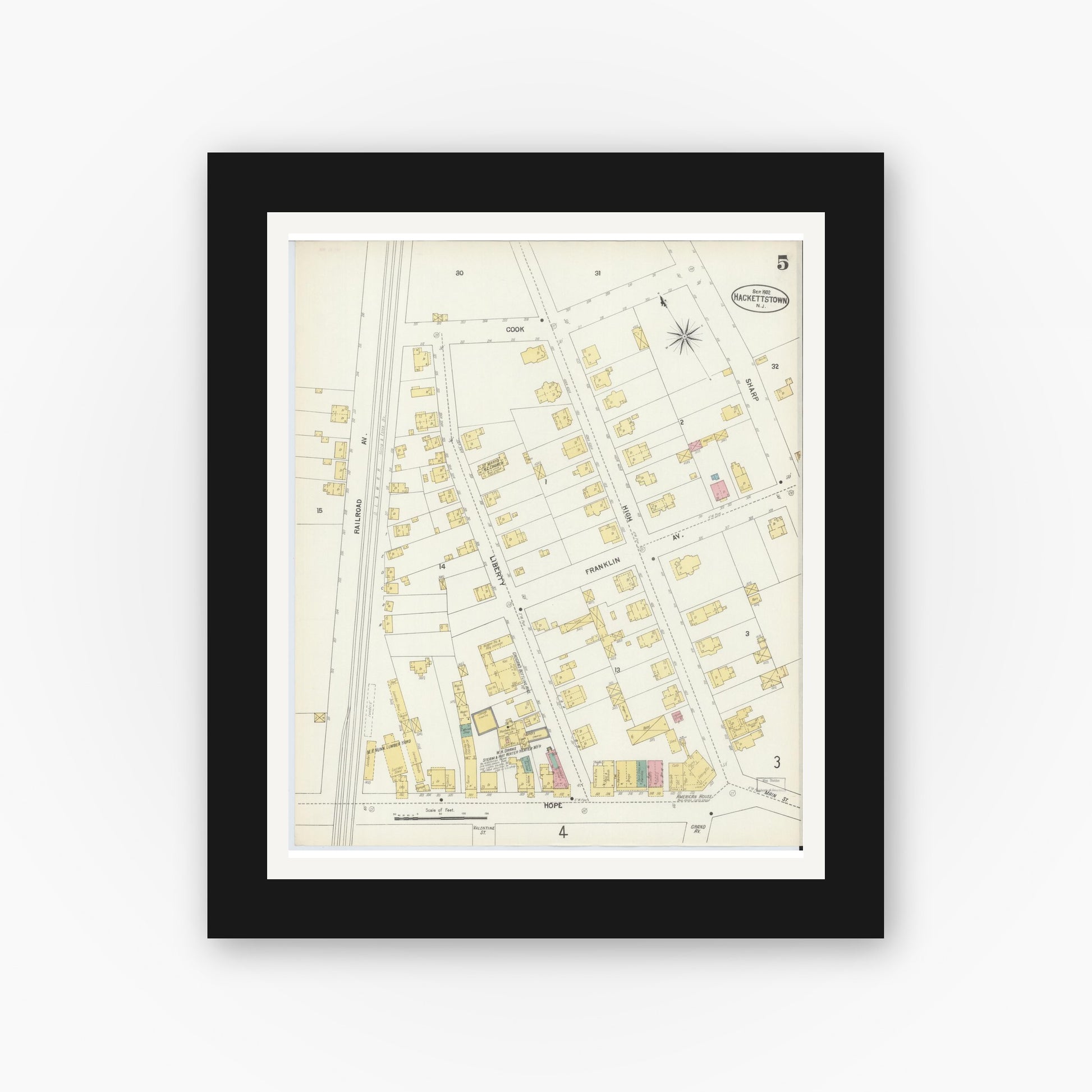 Old map wall art mockup — black gallery frame with white mat — Sanborn Fire Insurance Map from Hackettstown, Warren County, New Jersey (1902), Sheet #0005