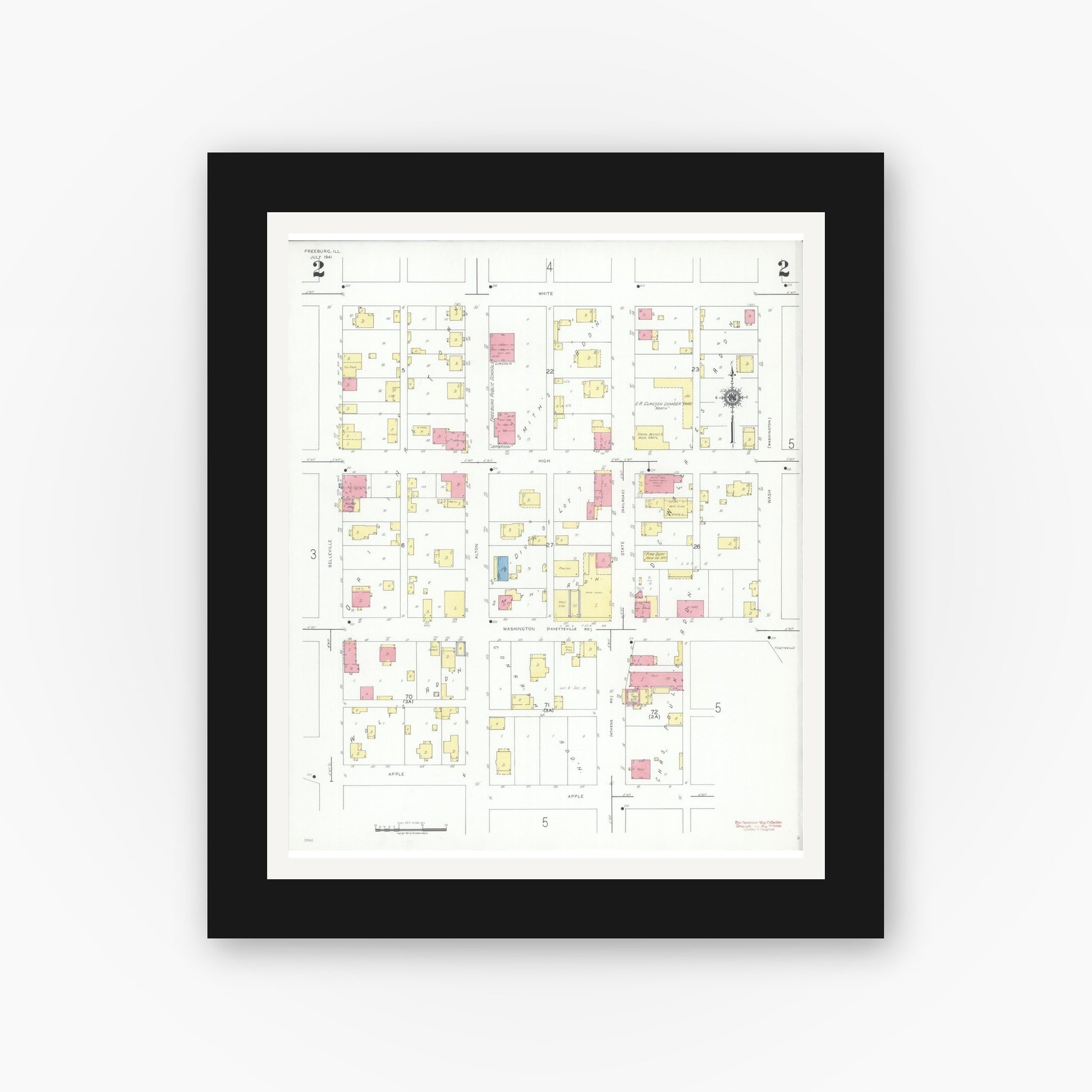 Old map wall art mockup — black gallery frame with white mat — Sanborn Fire Insurance Map from Freeburg, Saint Clair County, Illinois (1941), Sheet #0002