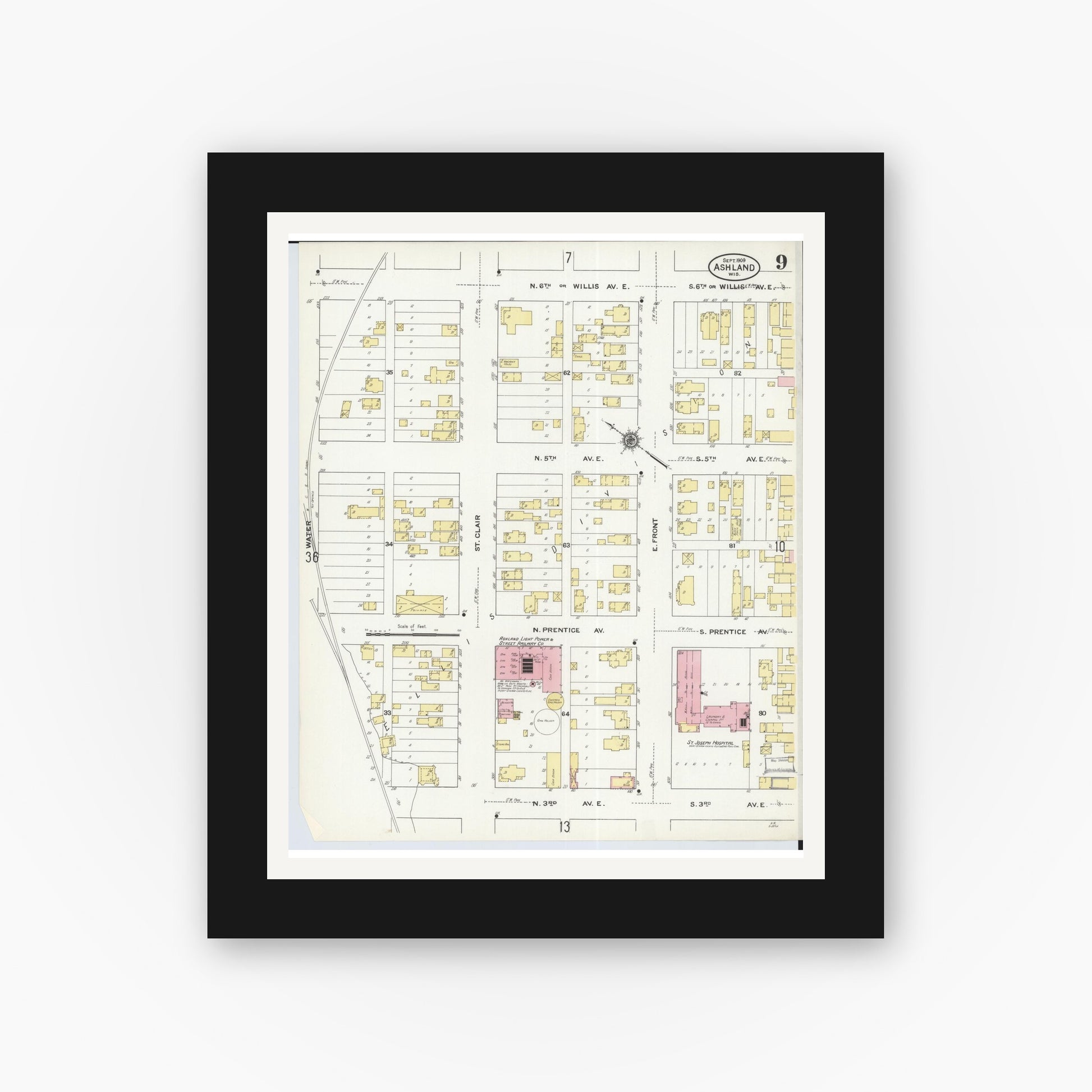 Old map wall art mockup — black gallery frame with white mat — Sanborn Fire Insurance Map from Ashland, Ashland County, Wisconsin (1909), Sheet #0009