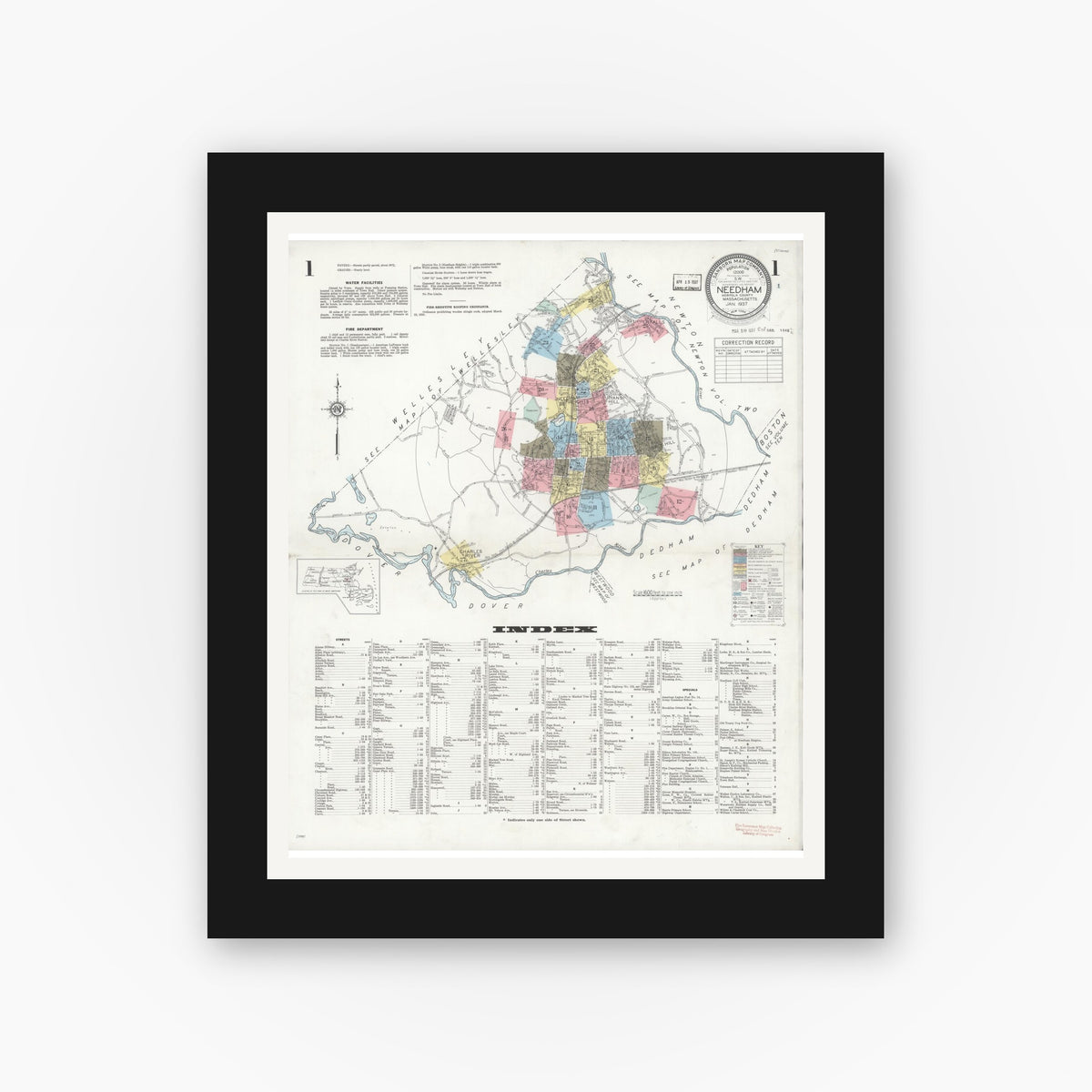 Old map wall art mockup — black gallery frame with white mat — Sanborn Fire Insurance Map from Needham, Norfolk County, Massachusetts (1937) - Complete Map Set