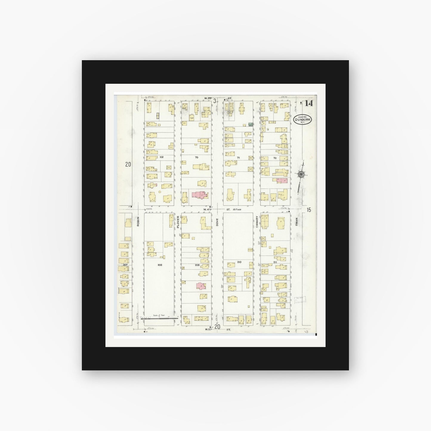 Old map wall art mockup — black gallery frame with white mat — Sanborn Fire Insurance Map from Dunkirk, Chautauqua County, New York (1910), Sheet #0014