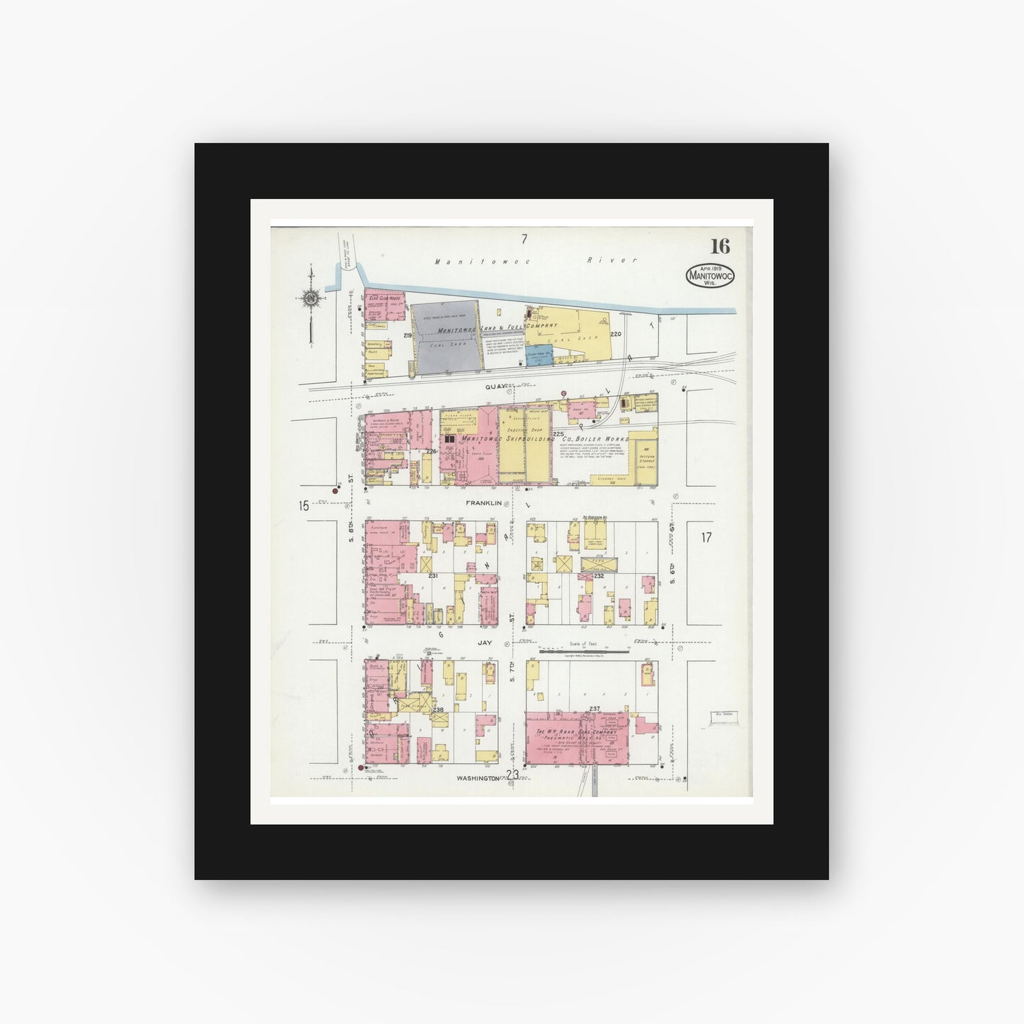Old map wall art mockup — black gallery frame with white mat — Sanborn Fire Insurance Map from Manitowoc, Manitowoc County, Wisconsin (1919), Sheet #0016