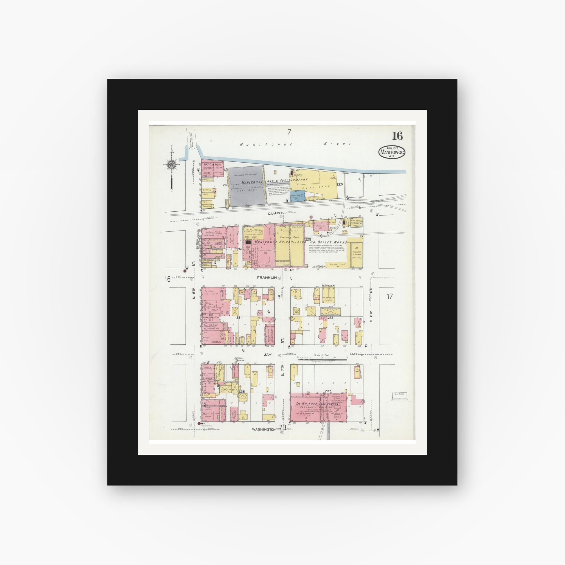 Old map wall art mockup — black gallery frame with white mat — Sanborn Fire Insurance Map from Manitowoc, Manitowoc County, Wisconsin (1919), Sheet #0016