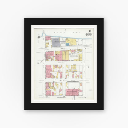 Old map wall art mockup — black gallery frame with white mat — Sanborn Fire Insurance Map from Manitowoc, Manitowoc County, Wisconsin (1919), Sheet #0016