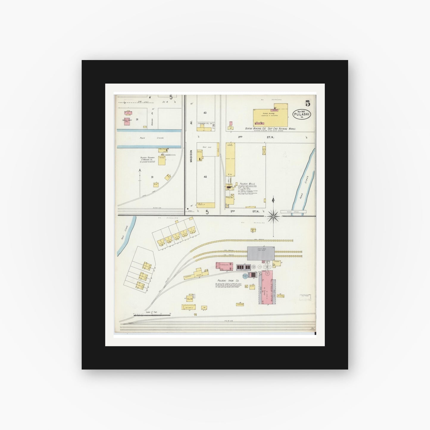 Old map wall art mockup — black gallery frame with white mat — Sanborn Fire Insurance Map from Pulaski, Pulaski County, Virginia (1903), Sheet #0005