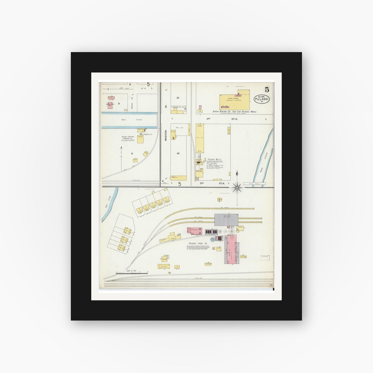 Old map wall art mockup — black gallery frame with white mat — Sanborn Fire Insurance Map from Pulaski, Pulaski County, Virginia (1903), Sheet #0005
