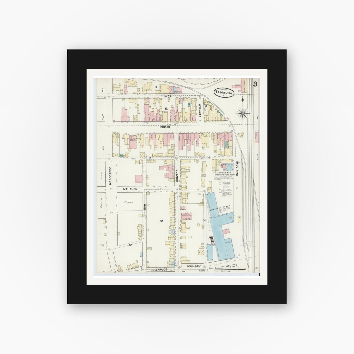 Old map wall art mockup — black gallery frame with white mat — Sanborn Fire Insurance Map from Tamaqua, Schuylkill County, Pennsylvania (1891), Sheet #0003
