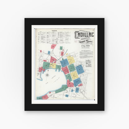 Old map wall art mockup — black gallery frame with white mat — Sanborn Fire Insurance Map from Cadillac, Wexford County, Michigan (1906) - Complete Map Set