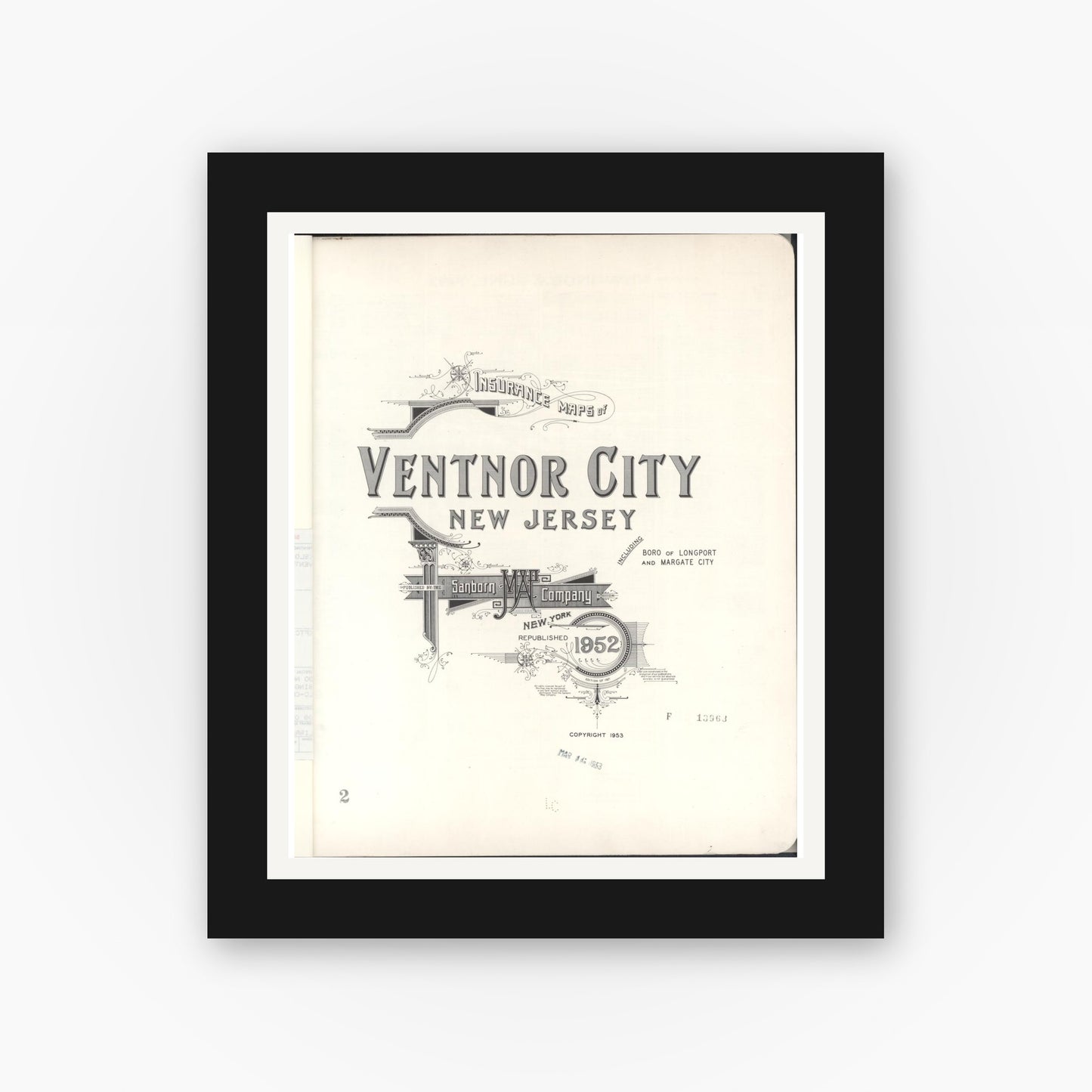 Old map wall art mockup — black gallery frame with white mat — Sanborn Fire Insurance Map from Ventnor, Atlantic County, New Jersey (1952), Sheet #0001