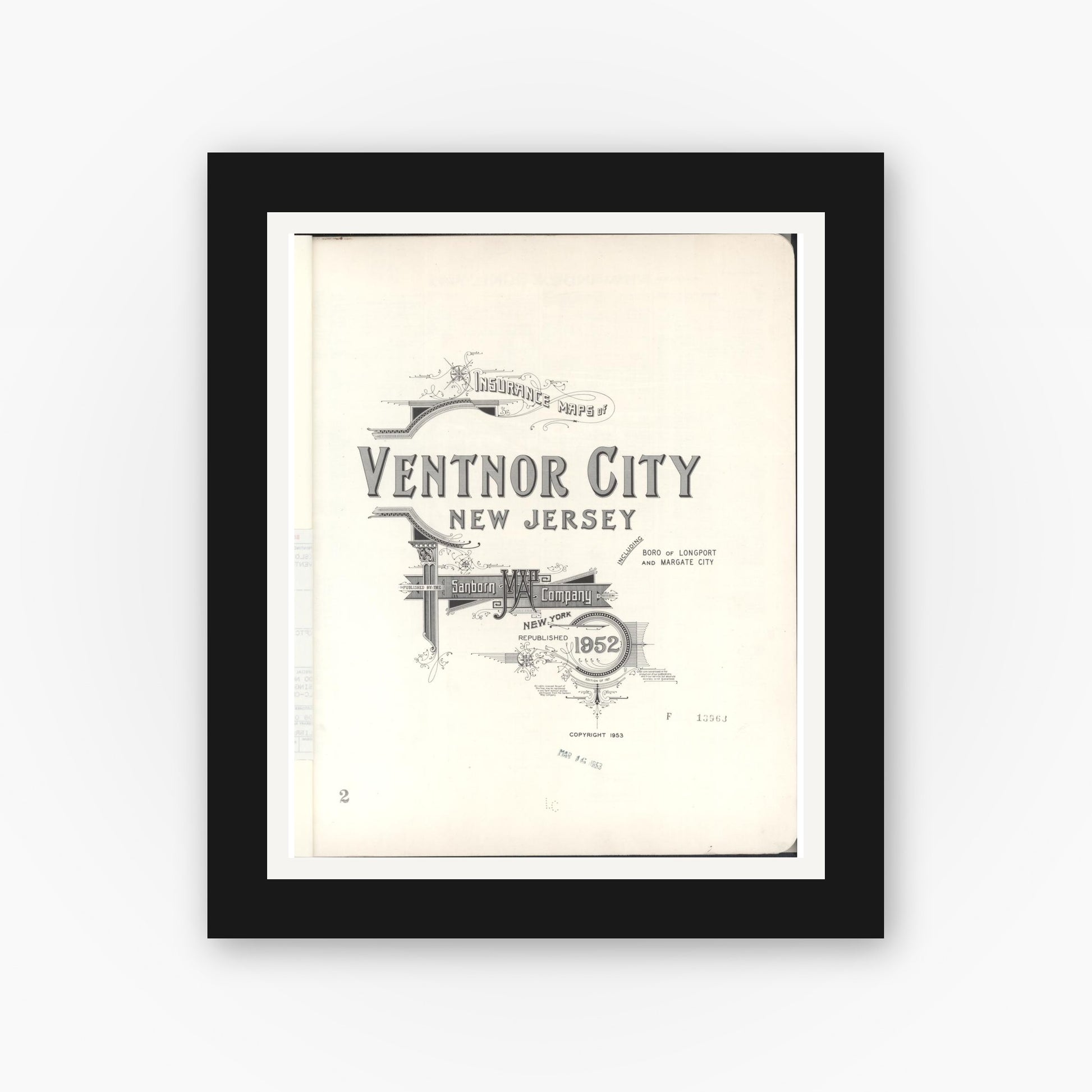 Old map wall art mockup — black gallery frame with white mat — Sanborn Fire Insurance Map from Ventnor, Atlantic County, New Jersey (1952), Sheet #0001