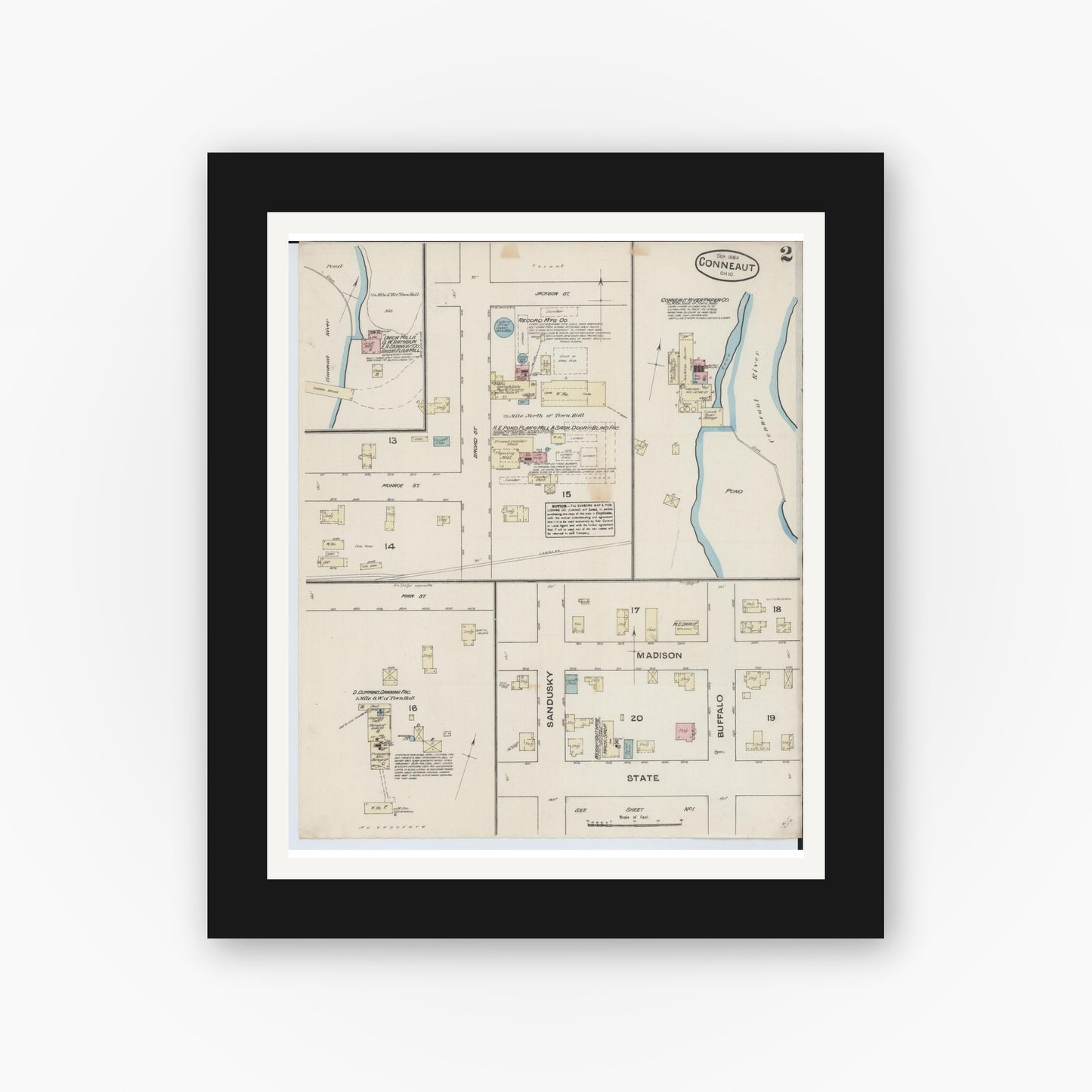 Old map wall art mockup — black gallery frame with white mat — Sanborn Fire Insurance Map from Conneaut, Ashtabula County, Ohio (1884), Sheet #0002