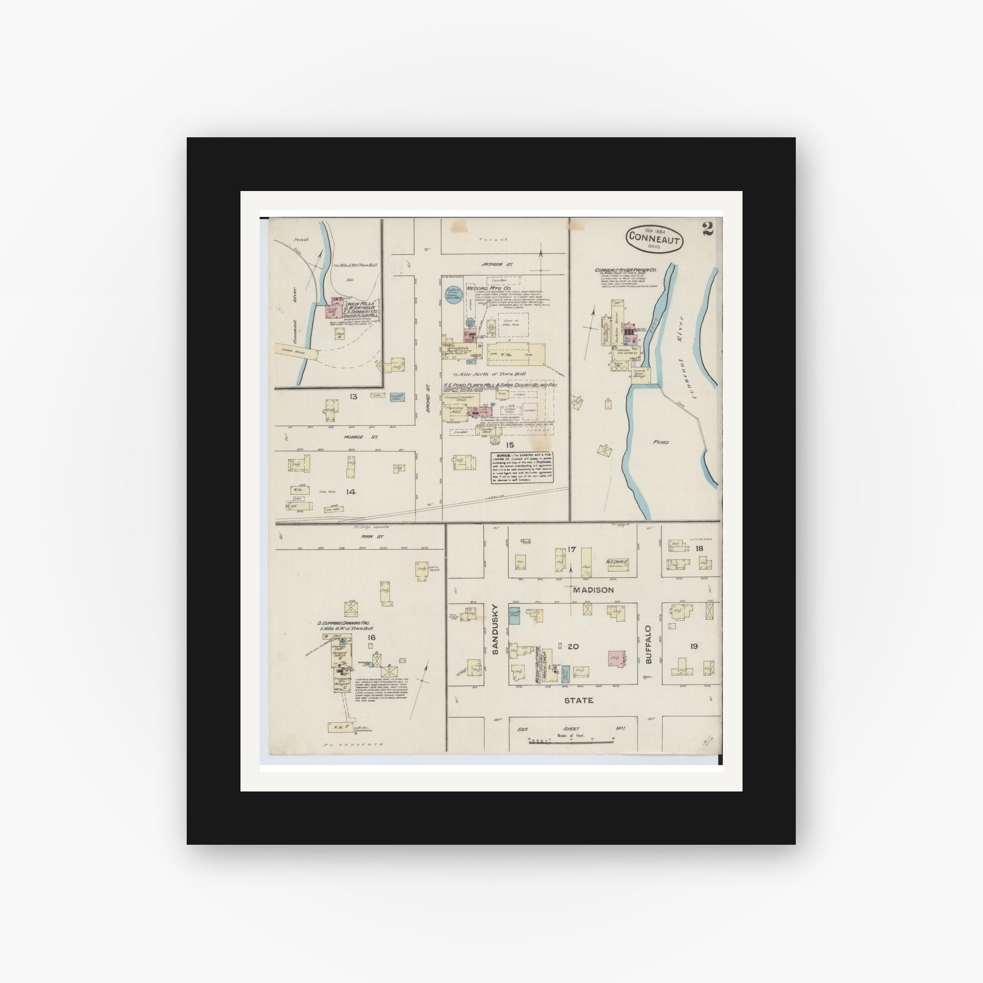 Old map wall art mockup — black gallery frame with white mat — Sanborn Fire Insurance Map from Conneaut, Ashtabula County, Ohio (1884), Sheet #0002