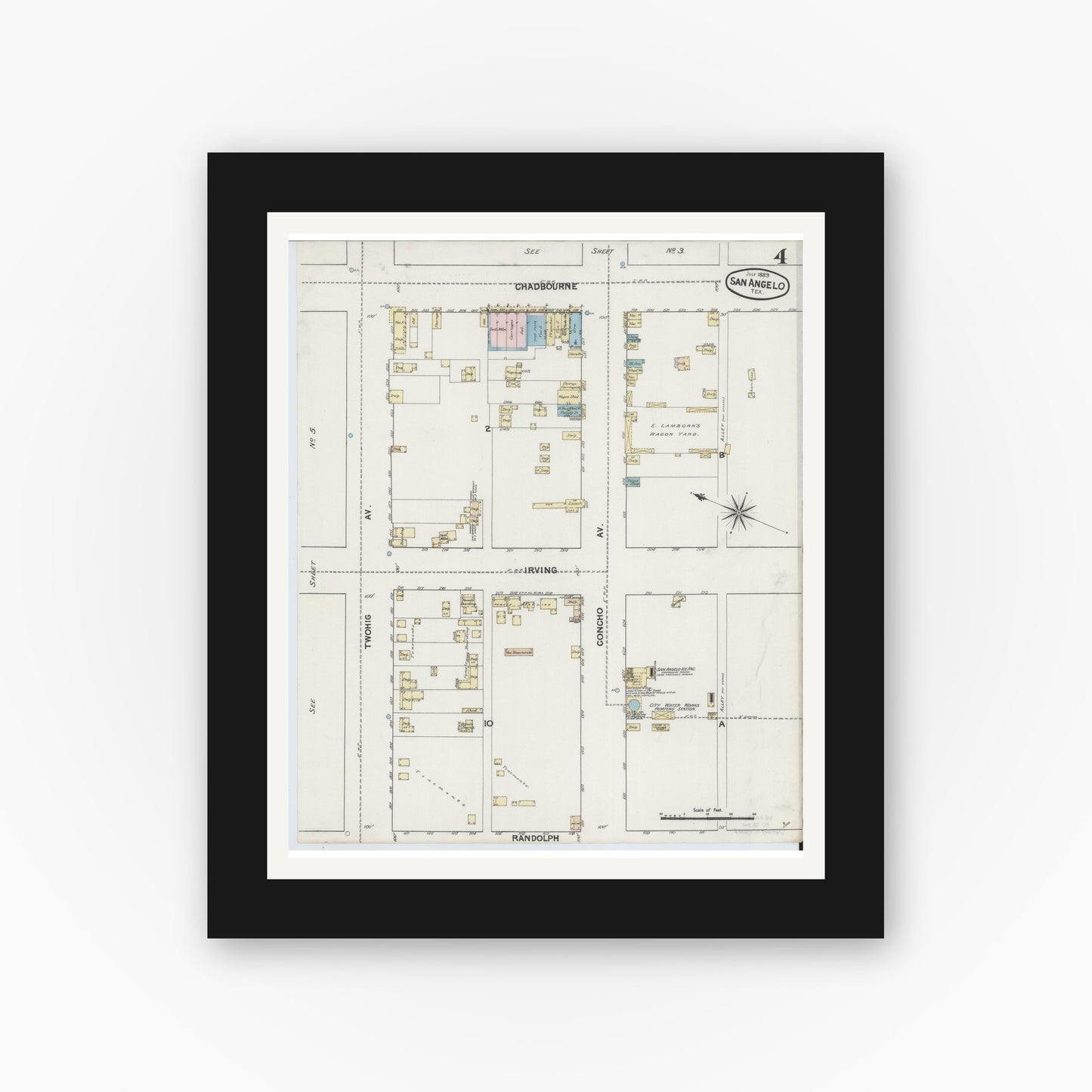 Old map wall art mockup — black gallery frame with white mat — Sanborn Fire Insurance Map from San Angelo, Tom Green County, Texas (1889), Sheet #0004