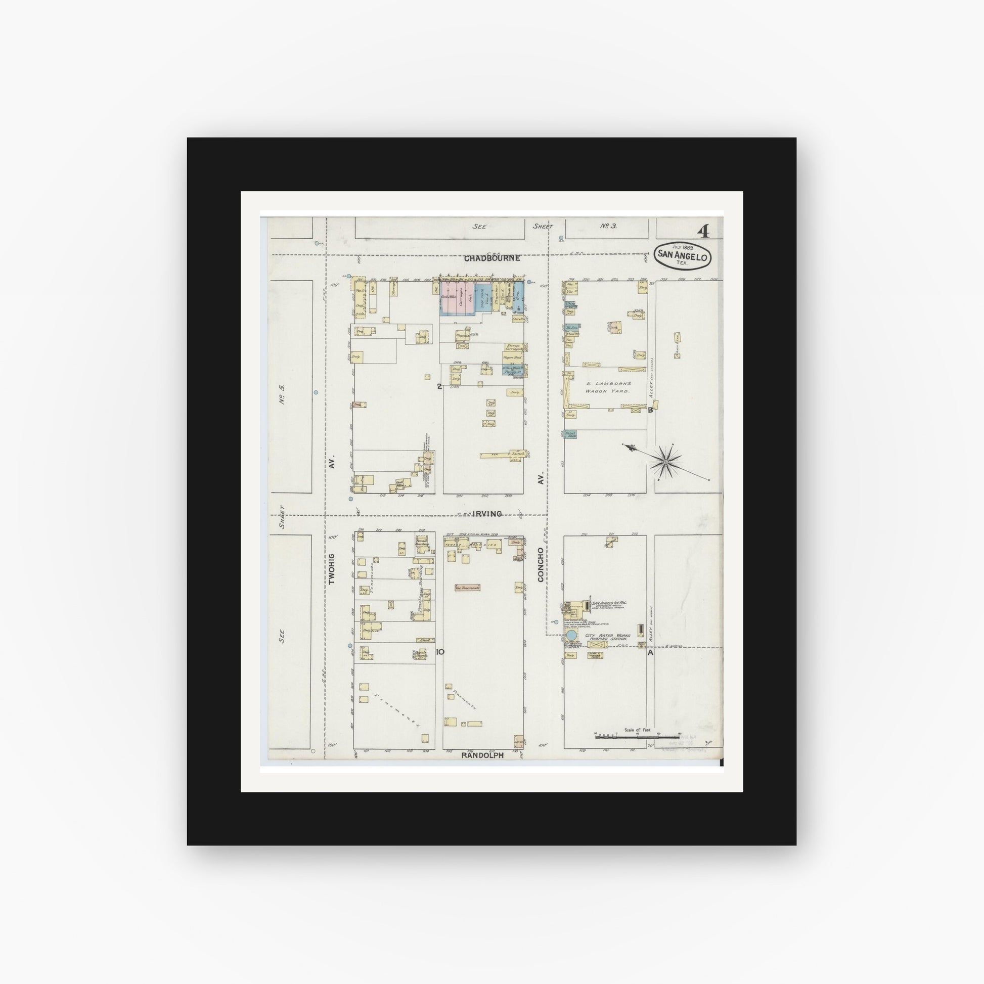 Old map wall art mockup — black gallery frame with white mat — Sanborn Fire Insurance Map from San Angelo, Tom Green County, Texas (1889), Sheet #0004