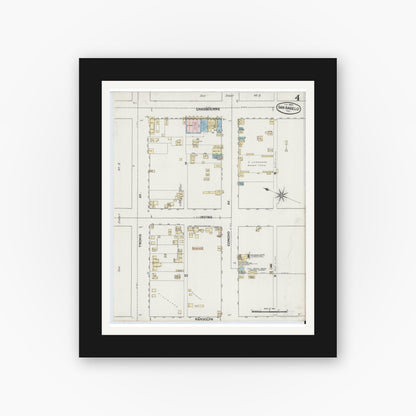 Old map wall art mockup — black gallery frame with white mat — Sanborn Fire Insurance Map from San Angelo, Tom Green County, Texas (1889), Sheet #0004