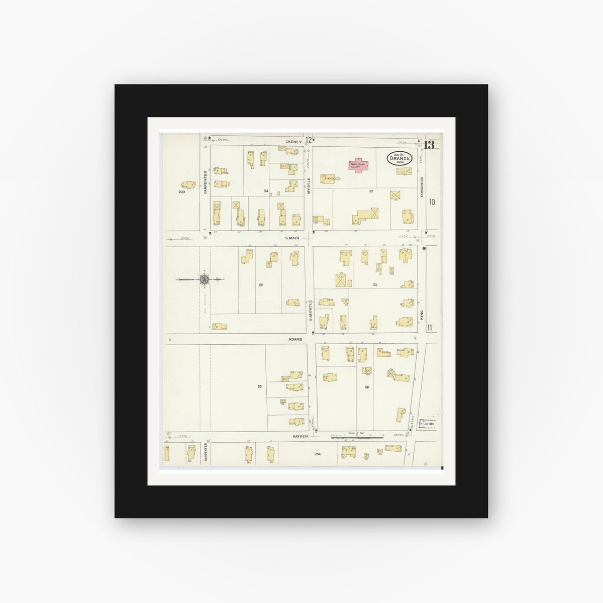 Old map wall art mockup — black gallery frame with white mat — Sanborn Fire Insurance Map from Orange, Franklin County, Massachusetts (1911), Sheet #0013