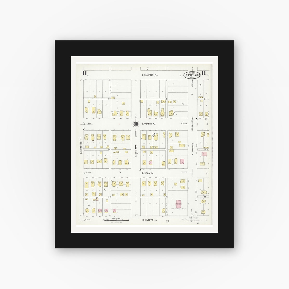 Old map wall art mockup — black gallery frame with white mat — Sanborn Fire Insurance Map from Fergus Falls, Otter Tail County, Minnesota (1924), Sheet #0011
