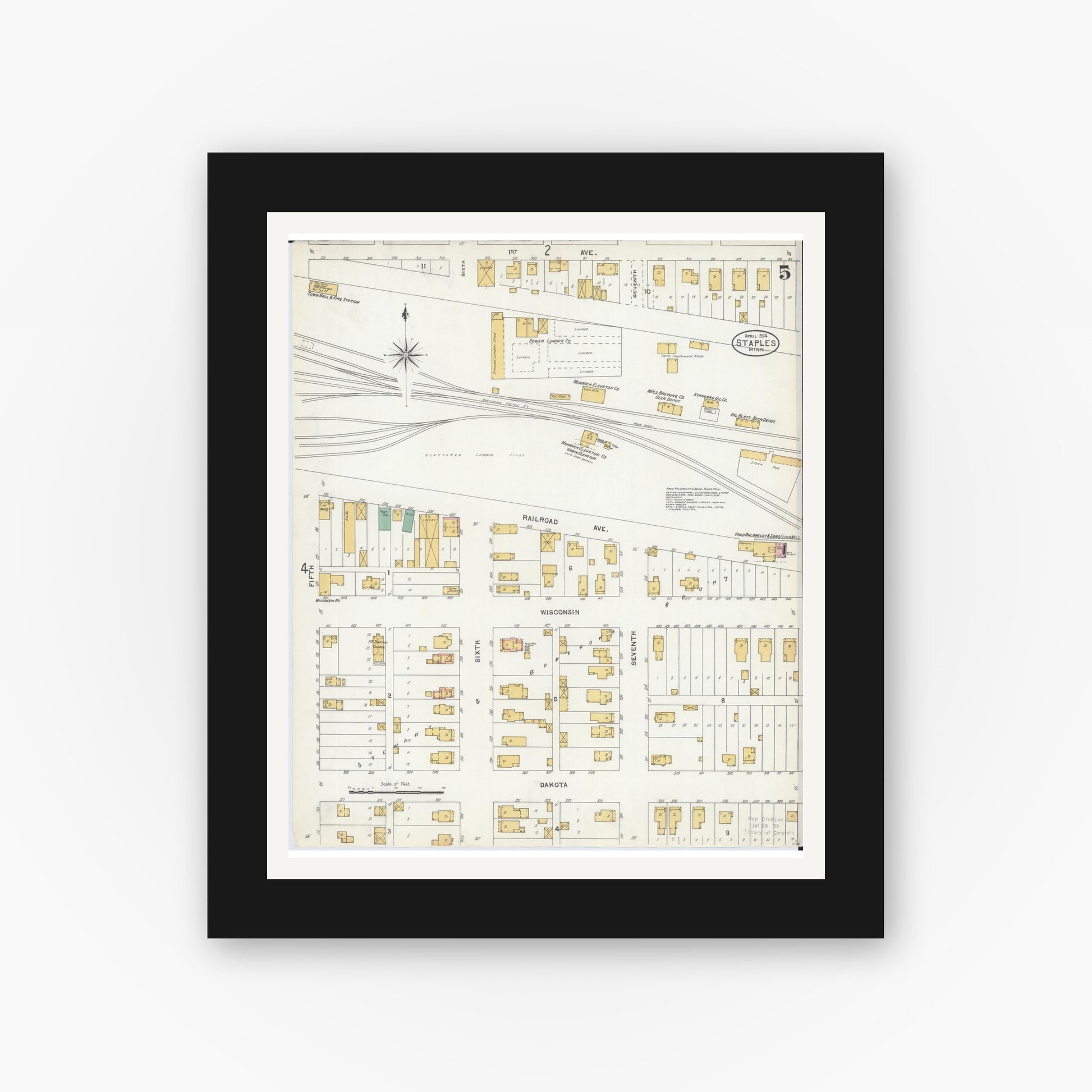 Old map wall art mockup — black gallery frame with white mat — Sanborn Fire Insurance Map from Staples, Todd County, Minnesota (1904), Sheet #0005