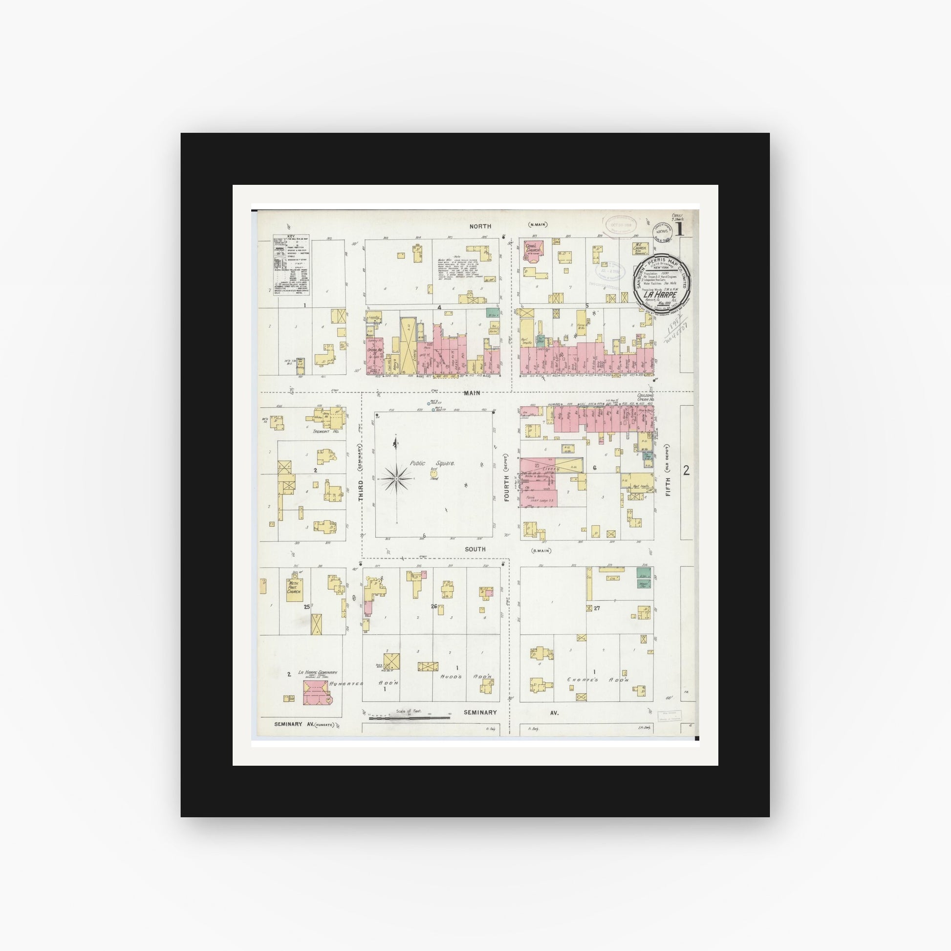 Old map wall art mockup — black gallery frame with white mat — Sanborn Fire Insurance Map from La Harpe, Hancock County, Illinois (1898), Sheet #0001