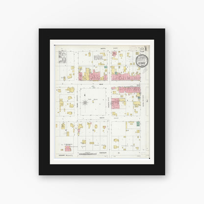 Old map wall art mockup — black gallery frame with white mat — Sanborn Fire Insurance Map from La Harpe, Hancock County, Illinois (1898), Sheet #0001