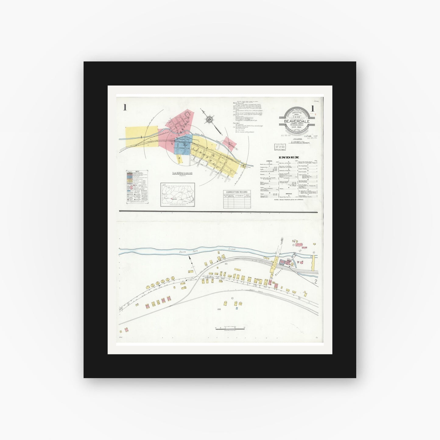 Old map wall art mockup — black gallery frame with white mat — Sanborn Fire Insurance Map from Beaverdale, Cambria County, Pennsylvania (1934), Sheet #0001