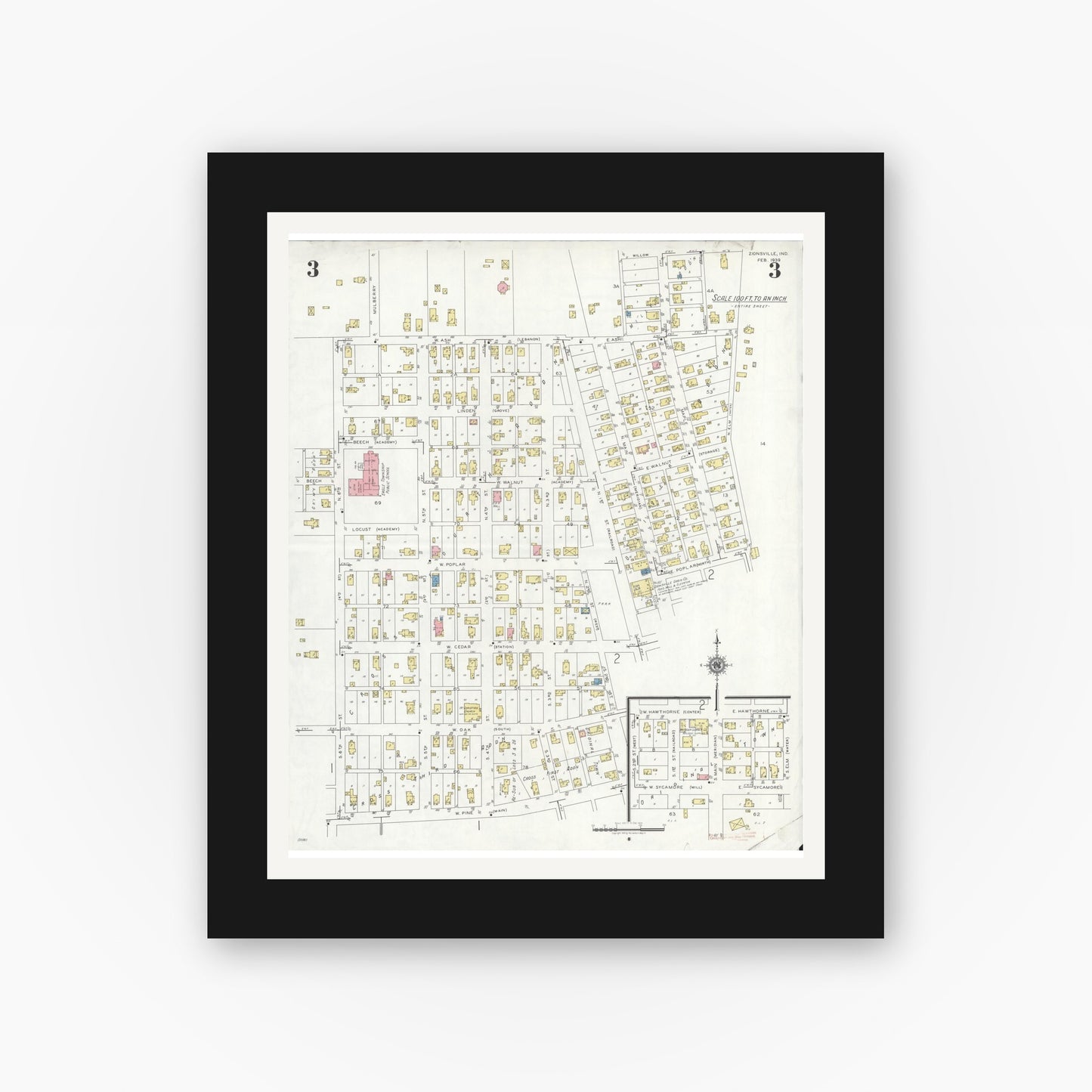 Old map wall art mockup — black gallery frame with white mat — Sanborn Fire Insurance Map from Zionsville, Boone County, Indiana (1939), Sheet #0003