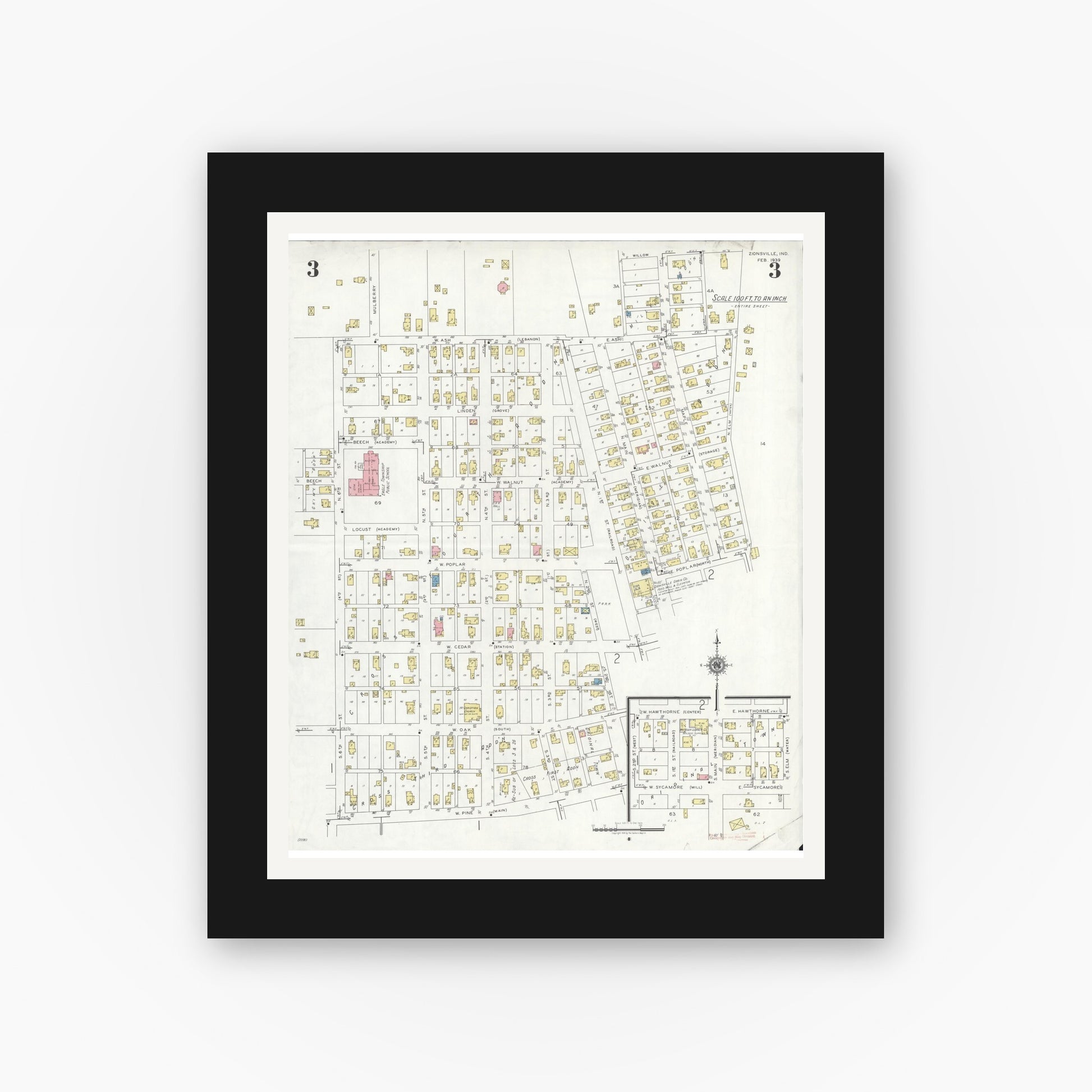 Old map wall art mockup — black gallery frame with white mat — Sanborn Fire Insurance Map from Zionsville, Boone County, Indiana (1939), Sheet #0003
