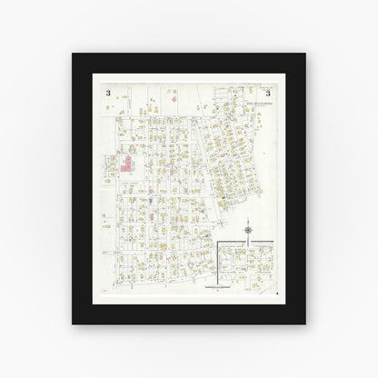 Old map wall art mockup — black gallery frame with white mat — Sanborn Fire Insurance Map from Zionsville, Boone County, Indiana (1939), Sheet #0003