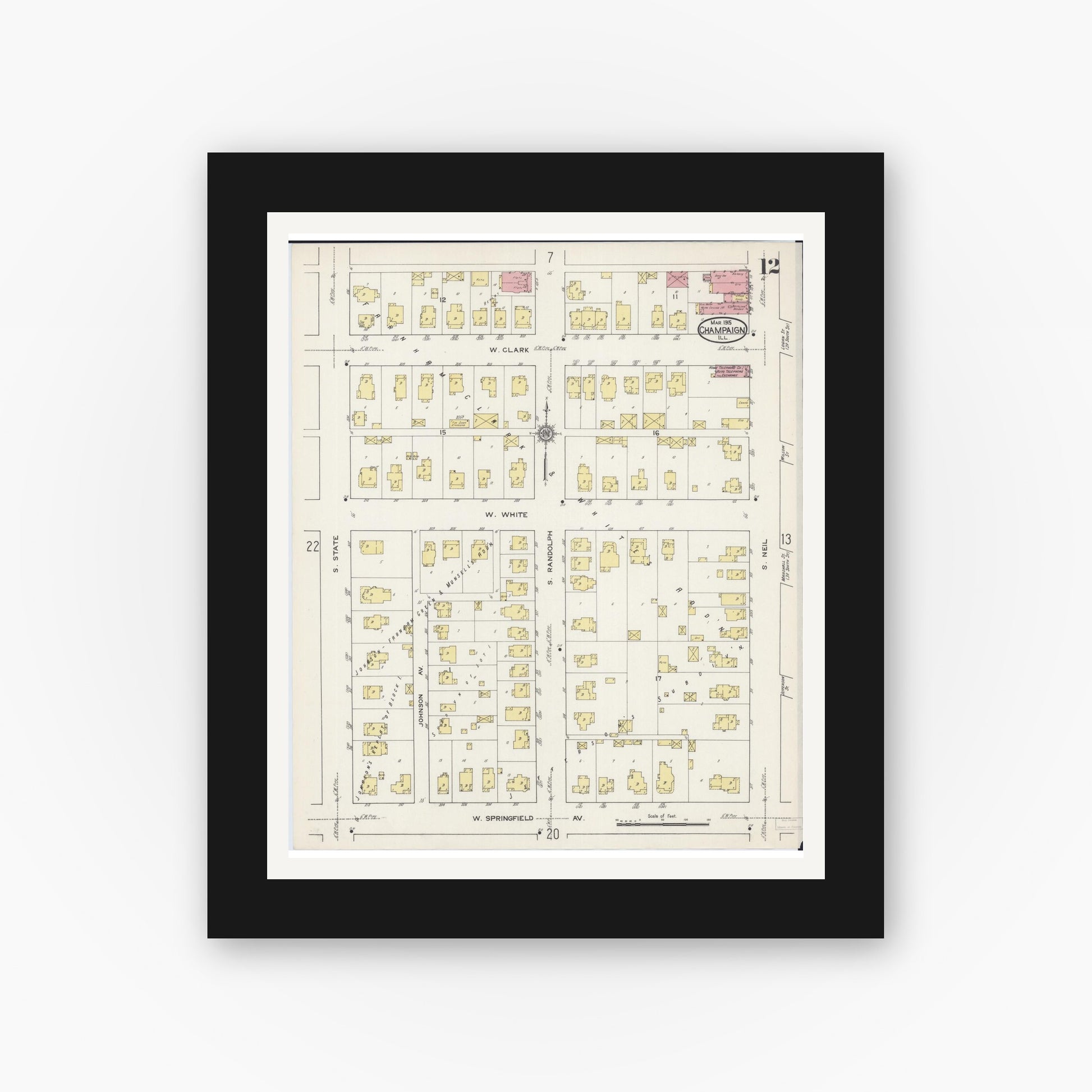 Old map wall art mockup — black gallery frame with white mat — Sanborn Fire Insurance Map from Champaign, Champaign County, Illinois (1915), Sheet #0012