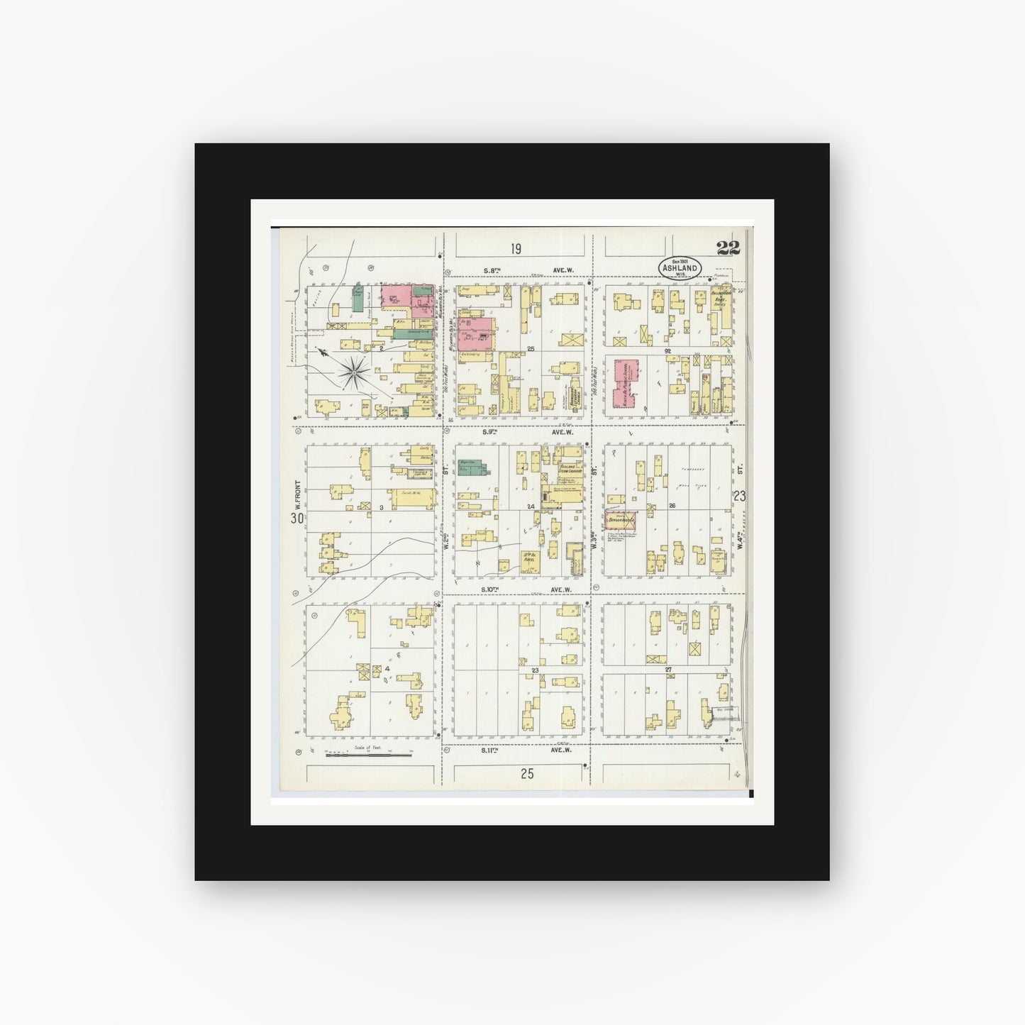 Old map wall art mockup — black gallery frame with white mat — Sanborn Fire Insurance Map from Ashland, Ashland County, Wisconsin (1901), Sheet #0022